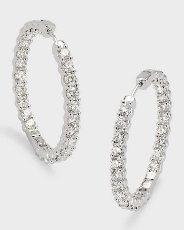 18K White Gold Round Diamond Hoop Earrings, 5.0tcw, 1.35"L x 0.13"W